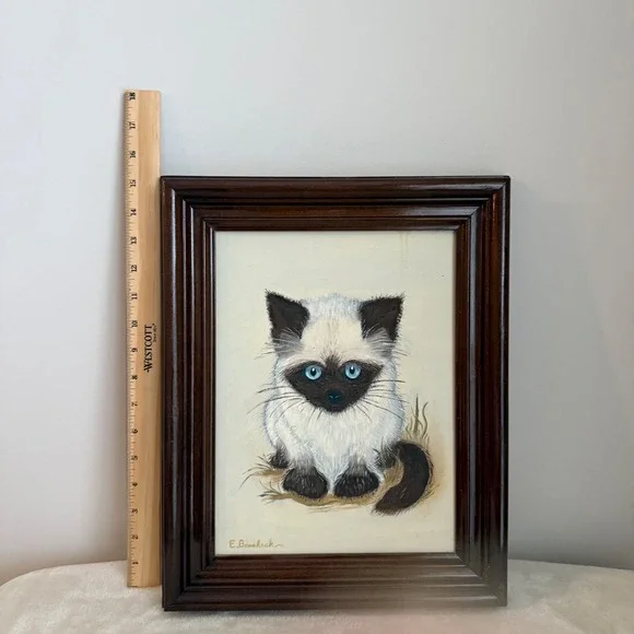 Vintage Siamese Cat Painting Signed E Boscheck Framed Blue Eyes Kitten Art